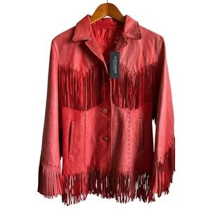 Lucchese Red Leather Tallulah Fringe Jacket Womens Sz Medium Distressed